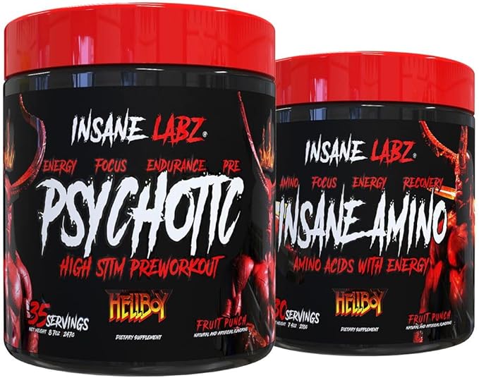 Insane Labz Hellboy Bundle Psychotic Hellboy Pre Workout and Insane Amino BCAA Increase Muscle Mass Strength Focus and Recovery Time Fruit Punch