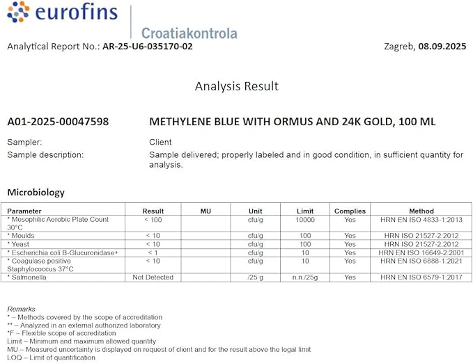 Methylene Blue &amp Ormus &amp Gold 3.4 Fl Oz - 100 ml | Ultra High Purity | with 10 ppm Colloidal Gold 24K | Glass Bottle | Third-Party Tested | Heiltropfen®