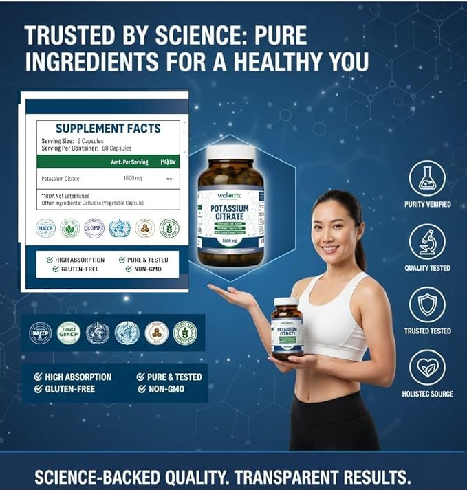 Wellotrix Potassium Citrate 1600 mg – 120 Vegan Capsules – Electrolyte Balance Kidney Support Urinary pH Health – Non-GMO Gluten-Free Made in USA – Vegan Formula