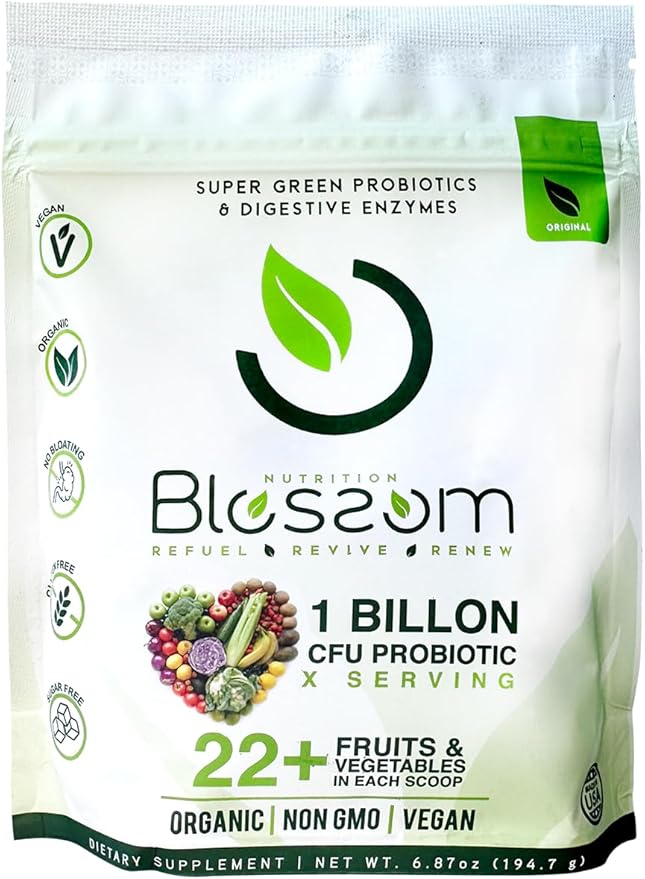 Blossom SuperGreens Probiotics – Digestive Enzymes with Pre/ProBiotics for Bloating Relief – 30+ SuperGreens &amp SuperReds to Boost Energy –Organic Gluten-Free No Fiber 0g Sugar (Lemon Citrus)