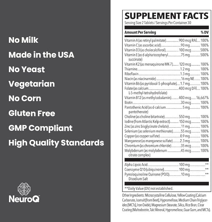 NeuroQ Daily Essentials Multivitamin – High‑Potency Brain &amp Body Support with Choline 550 mg PQQ CoQ10 Alpha Lipoic Acid – Supports Memory Energy Cognitive Focus &amp Daily Wellness – 60 Tab