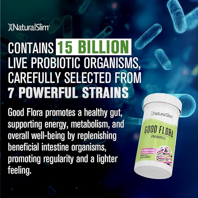 NaturalSlim Good Flora Probiotics for Women &amp Men - Gut Health Supplements with 7 Powerful Strains for De-Bloating &amp Vitality - Probiotics for Digestive Health 60 Vegetarian Capsules 2 Pack