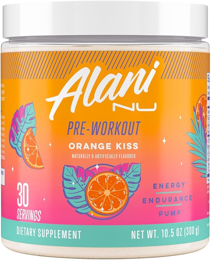 Alani Nu Pre Workout Powder Orange KISS Amino Energy Boost Endurance Supplement Sugar Free 200mg Caffeine L-Theanine Beta-Alanine Citrulline 30 Servings