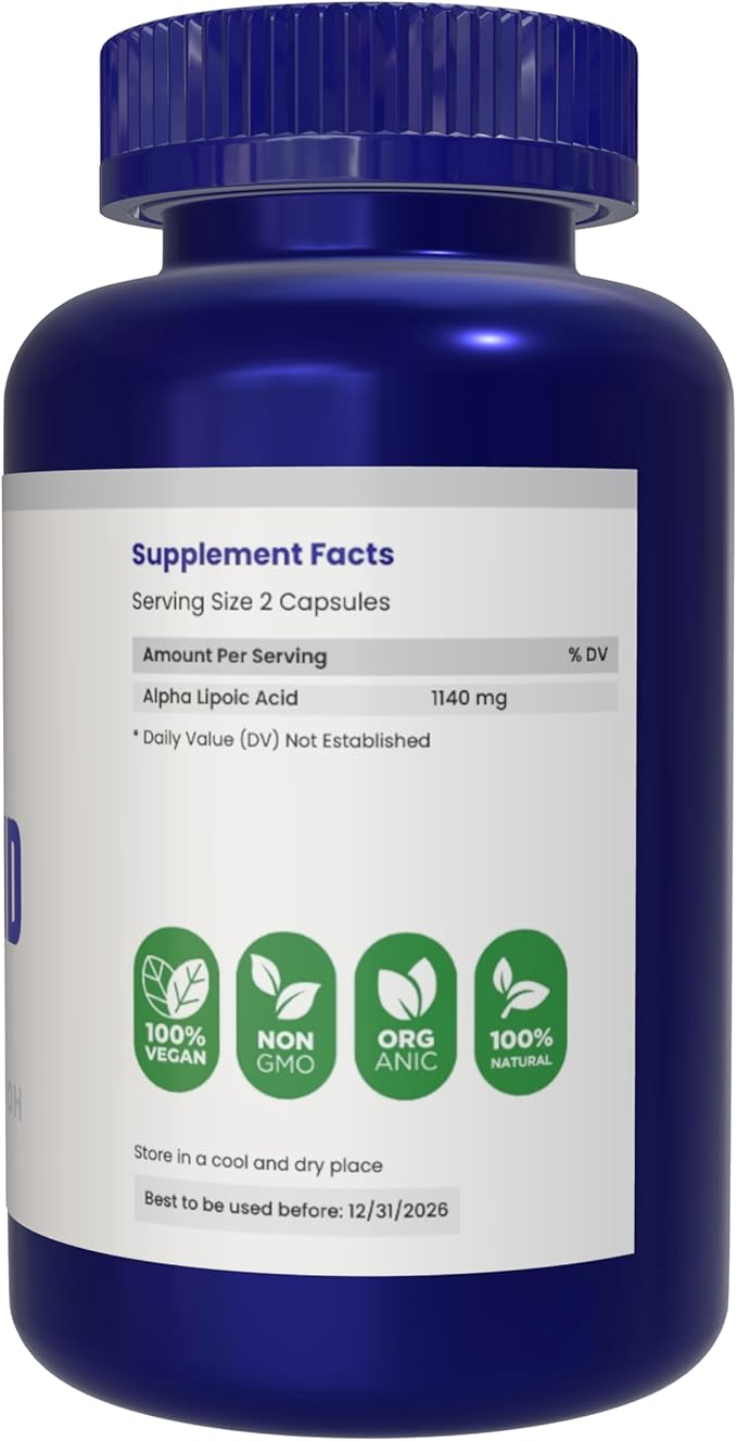 Alpha Lipoic Acid (ALA) 570 mg Capsules - 180 Count Gluten Free Non-GMO Vegan