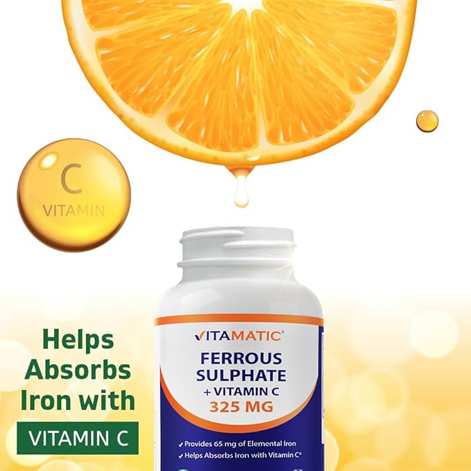 Vitamatic Ferrous Sulfate 325 mg with Vitamin C 100 mg (65 mg Elemental Iron) – High Potency Iron Supplement – No Artificial Colors – 250 Coated Tablets Made in USA - 2 Pack