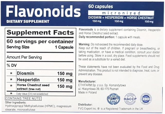 Flavonoids 60 days Support Healthy Circulation Veins Capillaries and Lymphatic Drainage- MPFF- Micronized Diosmin 150mg + Hesperidin 150mg + Horse Chestnut150 mg- GMP Certificate vegan