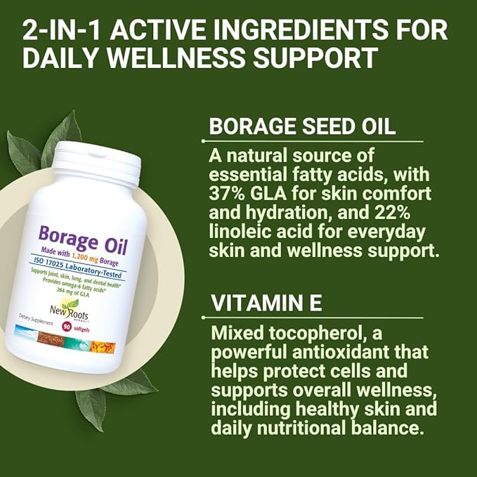 NEW ROOTS HERBAL Borage Oil Supplement 1200 mg | Organic Borage Seed Oil Cold-Pressed (90 softgels) GLA Supplement (264mg) with Linoleic Acid (444mg) | 100% Hexane-Free