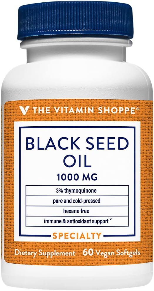 The Vitamin Shoppe Black Seed Oil 1000mg - Immune Health &amp Antioxidant | 3% Thymoquinone Cold-Pressed | 60 Vegan Softgels | Non-GMO