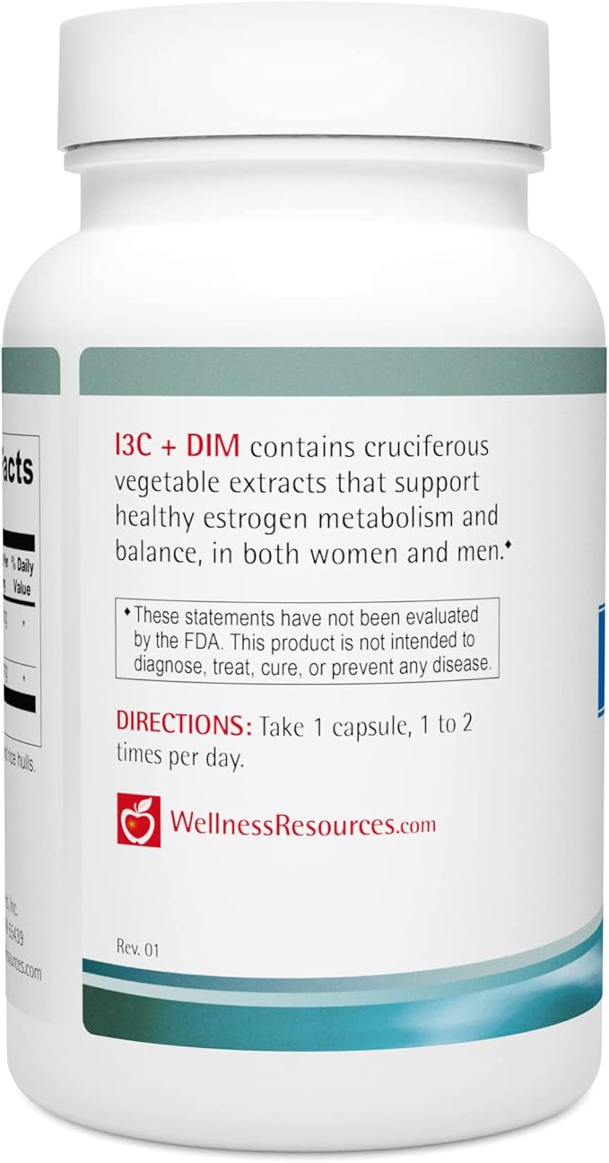 Wellness Resources I3C + DIM for Healthy Estrogen Metabolism Detoxification (60 Capsules) - 300mg I3C + 100mg DIM - Vegan Gluten-Free