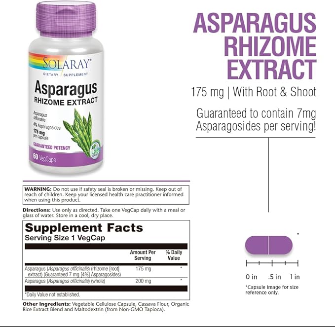 SOLARAY Asparagus 175 mg Supplement with Whole Root - Asparagus Extract Capsules for Men &amp Women Urinary Tract &amp Digestive Health Support Vegan Formula - 60 Veg Caps