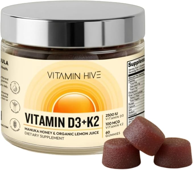 Vitamin 2500 IU D3 + 100mcg K2 MK-7 - Manuka Honey &amp Organic Lemon - Vegan Pectin - No Sugar Alcohols - with Avocado Oil for Absorption - Bone &amp Immune Support - 60 Day Supply
