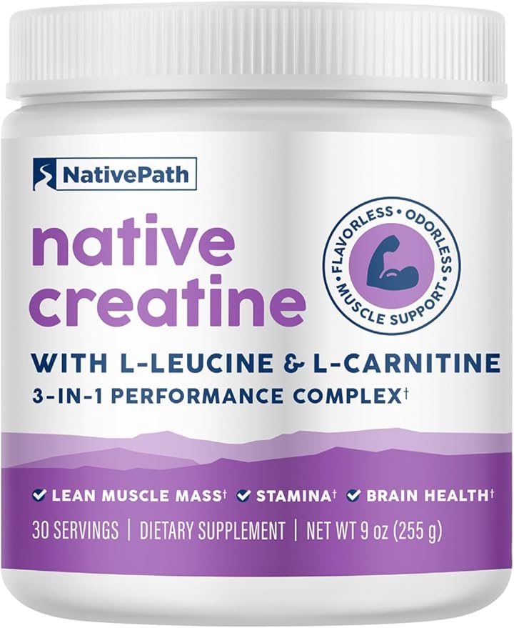 NativePath Creatine Monohydrate Powder with L-Leucine &amp L-Carnitine - Supports Muscle Health for Men &amp Women - 30 Servings