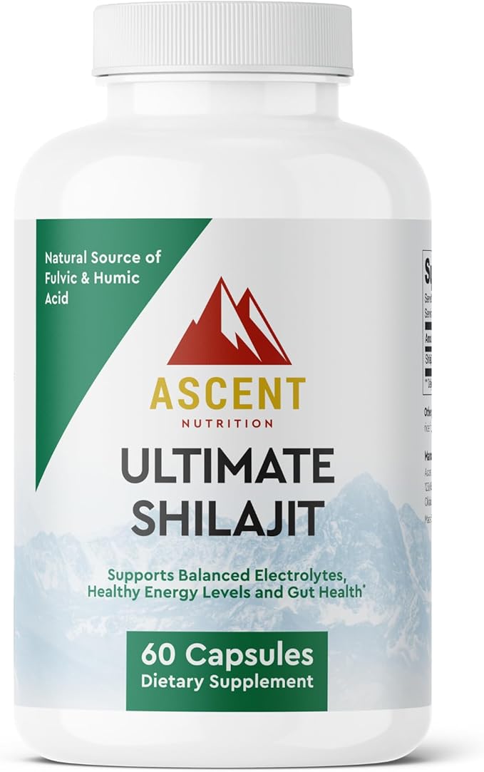 Ascent Nutrition Ultimate Shilajit | Natural Source of Fulvic &amp Humic Acid | Supports Balanced Electrolytes Healthy Energy Levels and Gut Health | 60 Capsules