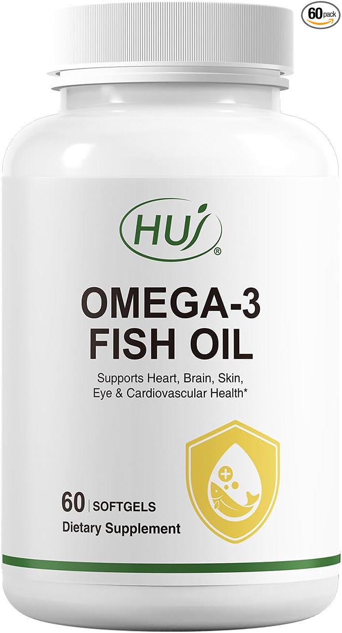 HUJ Omega 3 Fish Oil 1000mg Softgels - EPA+DPA Fish Oil Omega 3 for Heart Brain Skin Eyes &amp Cardiovascular Support *- 60 Softgels