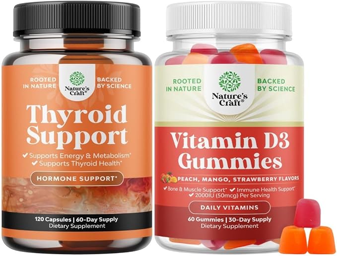 Bundle of Herbal Thyroid Support - Potent Kelp Iodine with L Tyrosine Bladderwrack Selenium &amp Pure Ashwagandha and Vitamin D3 Gummies - Delicious D Adults with 2000IU per Serving for Bone Muscle