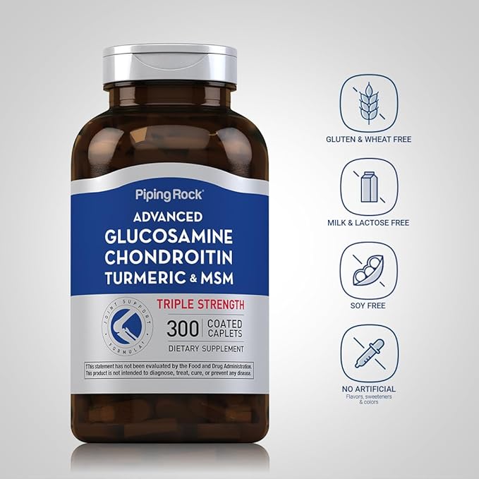 Piping Rock Glucosamine Chondroitin MSM Turmeric | 300 Caplets | Supplement for Women and Men | Advanced Triple Strength Complex | Non-GMO &amp Gluten Free