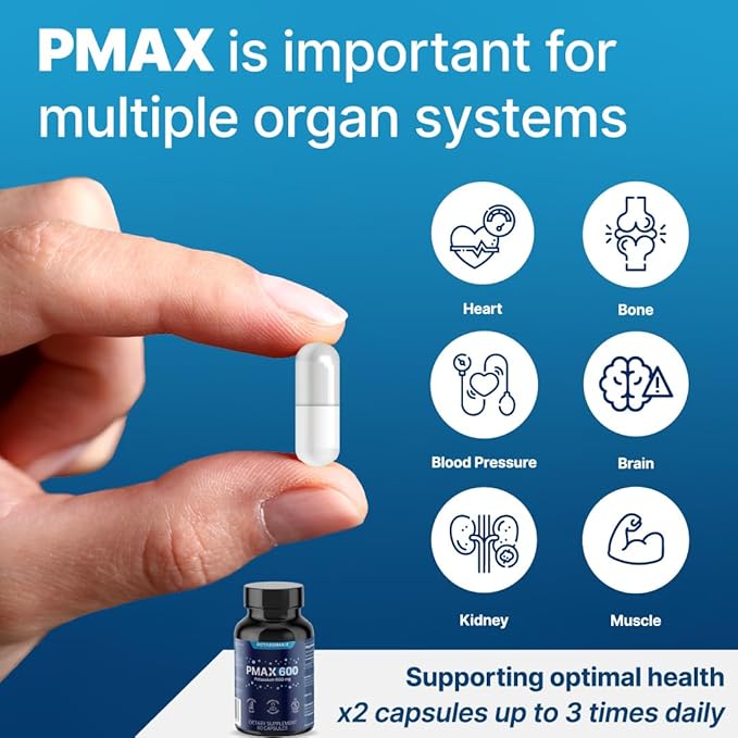 PMAX600 High Dose Pure Potassium Electrolyte Supplement 600mg Capsules 4-Type Potassium Blend-Citrate Gluconate BicarbonateChloride. Supports Healthy Blood Pressure Heart Kidneys Bones Muscles