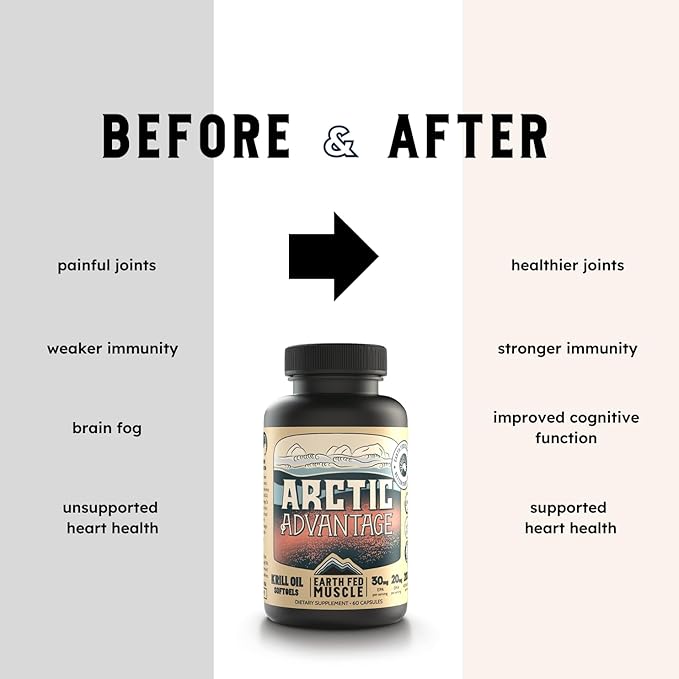 Earth Fed Muscle Arctic Advantage Krill Oil 500mg softgels Omega-3 DHA &amp EPA for Heart Brain Eye &amp Joint Health Support No Fishy Aftertaste Non-GMO Gluten-Free Antartic Krill Oil - 60 Ca