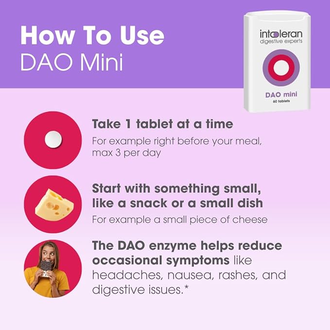 Intoleran DAO Mini Digestive Enzymes - 60 Tablets | Supplement for Histamine Intolerance &amp DAO Deficiency | Healthy Histamine Levels | 30000 HDU Pure Diamine Oxidase (DAO) Enzyme | Coated