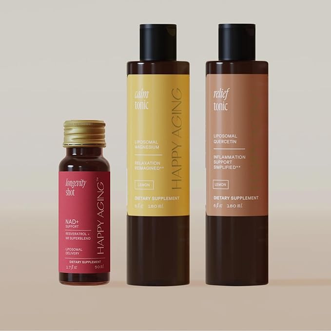 Happy Aging Vitality Trio – Longevity Shot + Calm Tonic + Relief Tonic | Energy Recovery &amp Immune Support | NAD+ + Magnesium + Quercetin | 3 Units