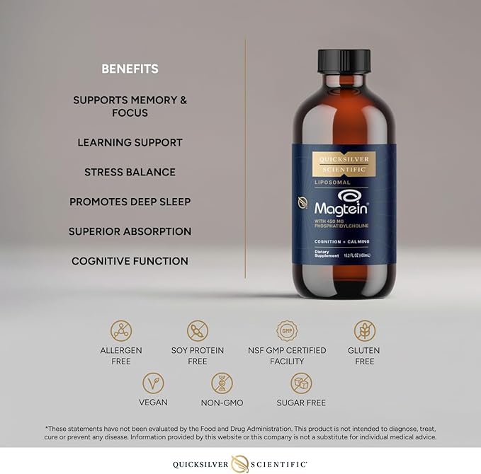 Quicksilver Scientific Liposomal Magtein - Magnesium Supplement for Brain Function Support - Stress Sleep &amp Memory Support - Gluten-Free Sugar-Free &amp Vegan - 15.2 fl oz (30 Servings)