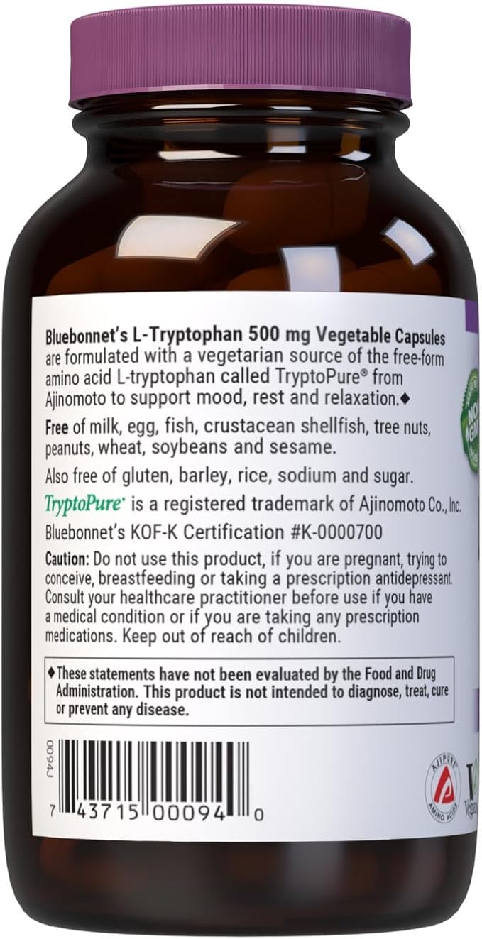 Bluebonnet Nutrition L-Trypotophan 500mg for Neurotransmitting Support* Supports Positive Mood* Soy-Free Gluten-Free Non-GMO Kosher Certified Vegan White 60 Vegetable Capsules 60 Servings