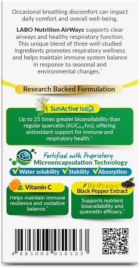 LABO Nutrition AirWayz Quercetin Vitamin C Black Pepper Extract Supplement| 60 Veggie Capsules