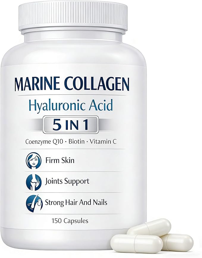 Colágeno Marino + Ácido hialurónico 5 in 1 Premium Formula 150 Capsules for Skin Hair Nails Health Hydrolyzed Collagen Type I with CoQ10 Biotin Vitamin C
