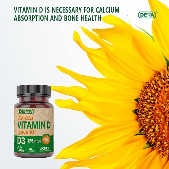 DEVA Vitamin D3 5000 IU Sunshine Supplement 125 mcg of Vegan D3 90-Count Bottle