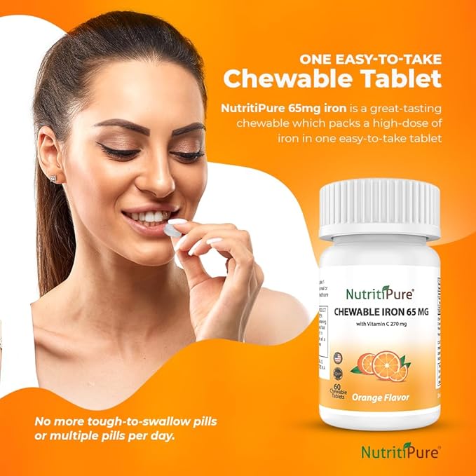 Chewable Carbonyl Iron 65mg with 270mg Vitamin C – Bariatric Friendly Tablet (Non-Gummy) Sugar-Free Orange Flavor - Iron Supplement – 60 Tablets (60 Day Supply)