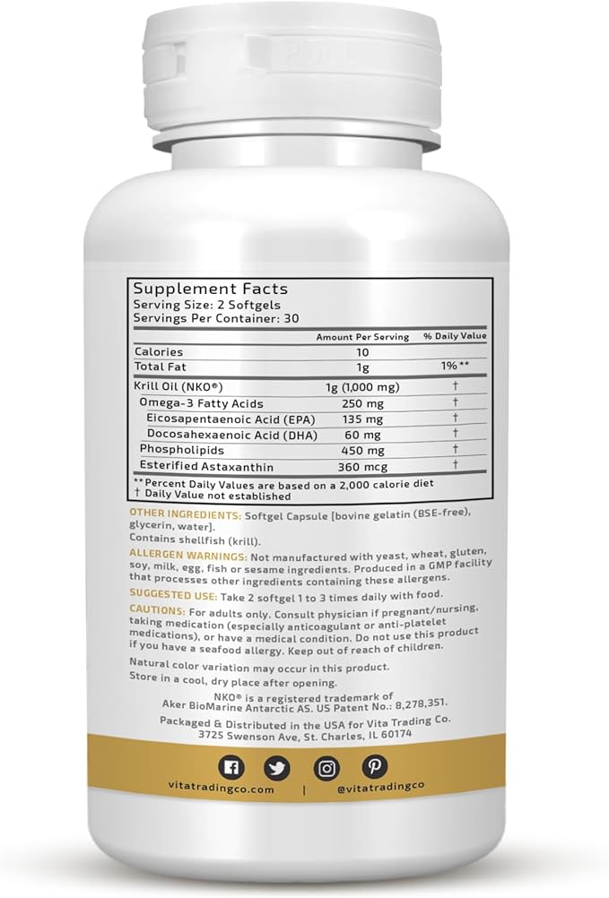 VTC VitaTradingCo. Krill Omega-3 Oil Supplement | 100mg Pure Antarctic Neptune Krill Oil (NKO) | EPA &amp DHA Astaxanthin | Brain Heart Joint &amp Eye Support | 60 Softgels