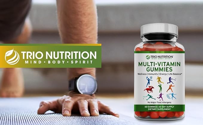 TRIO NUTRITION Daily Multivitamin Gummies for Men &amp Women - Natural Fruit Flavor with Essential Vitamins A B C D E &amp Zinc - No Major Allergens Immune Support &amp Energy Boost Supplement