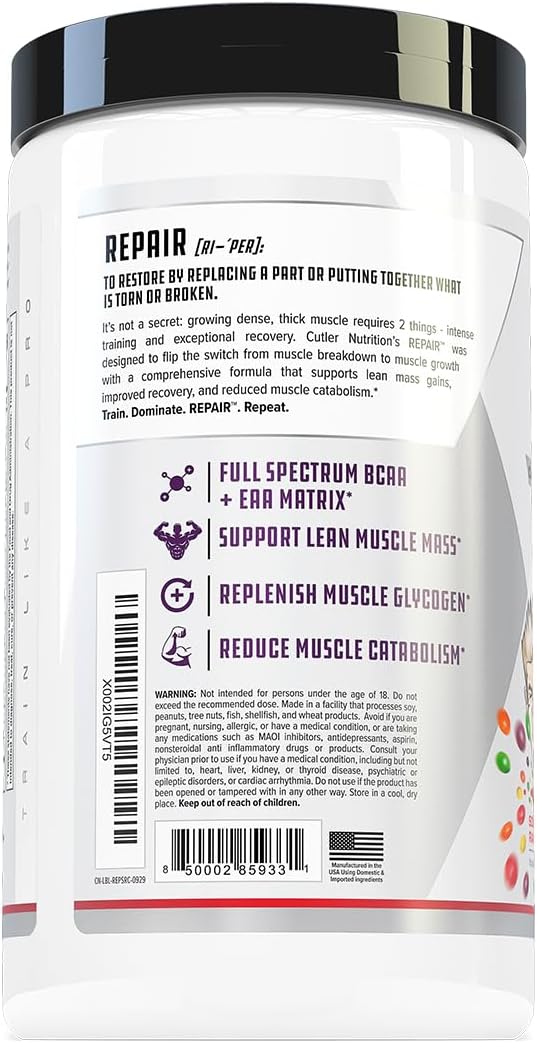 Repair Post Workout Recovery Drink: Fast Absorbing Carbohydrates (Waxy Maize + Cluster Dextrin) and BCAA/EAA for Advanced Muscle Recovery Sour Rainbow Candy 20 Servings