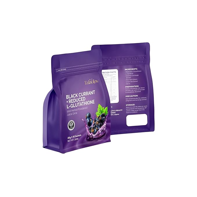 TalaGlow BLACK CURRANT + REDUCED L-GLUTATHIONE and Herbal Powdered Juice Drink 10 Sachets x 20g