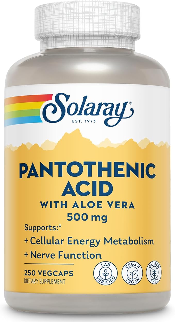 SOLARAY Pantothenic Acid 500mg - Pantothenic Acid Supplement (Vitamin B5) - Essential B Complex Vitamin - Nervous System and Cellular Energy Support - Vegan Gluten Free 60-Day Guaratee 250 Servings