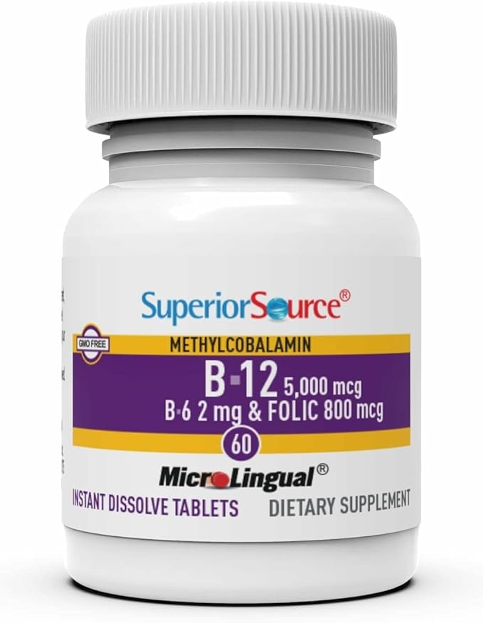 Superior Source No Shot Vitamin B12 Methylcobalamin (5000 mcg) B6 Folic Acid Quick Dissolve Sublingual Tablets 60 Ct Increase Energy Healthy Heart Boost Metabolism Stress Support Non-GMO