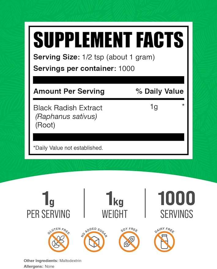 BulkSupplements.com Black Radish Extract Powder - Spanish Black Radish Supplement Herbal Supplement - Vegan &amp Gluten Free 1g per Serving 1kg (2.2 lbs) (Pack of 1)