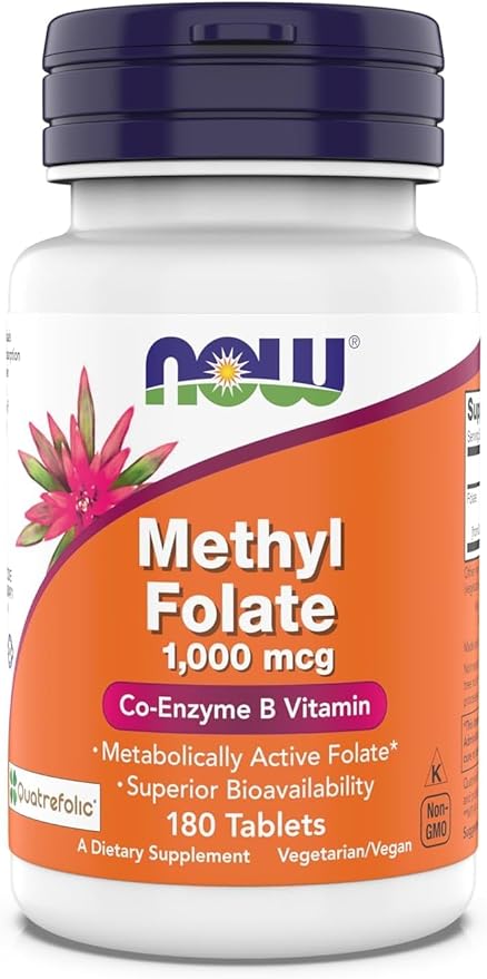 Now Supplements Methyl Folate 1000 mcg Metabolically Active Folate* Co-Enzyme B Vitamin 180 Tablets
