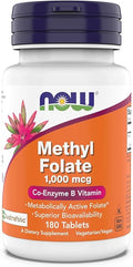 Now Supplements Methyl Folate 1000 mcg Metabolically Active Folate* Co-Enzyme B Vitamin 180 Tablets
