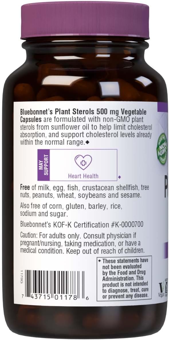 Bluebonnet Nutrition Plant Sterols 500mg Heart Health Supplement for Men &amp Women* - Non-GMO Beta-Sitosterol from Sunflower Oil - Vegan Gluten-Free - 90 Vegetable Capsules