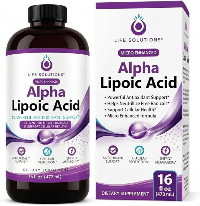 Life Solutions Liquid Alpha Lipoic Acid Supplement 50 mg – Antioxidant Support for Nervous System Function &amp Cellular Energy Metabolism – Easy-to-Take Liquid – 16 oz Bottle