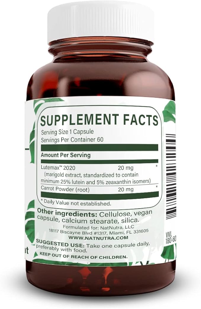 Natural Nutra Lutein and Zeaxanthin Supplement Helps to Maintain Vision Health &amp Eye Health Protects Cell in Eyes Gluten Free Enhanced Level of Zeaxanthin &amp Isomers Soy Free 20mg - 60 Ca