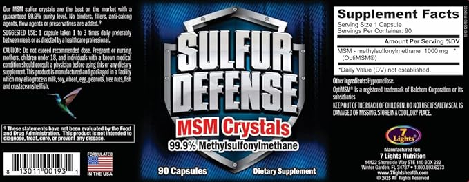 Sulfur Defense Opti-MSM 99.9% Pure MSM Powder Capsules Made in USA Organic Methylsulfonylmethane Non-GMO Gluten-Free Immune System Booster Soothes Joint Pain Younger Skin Hair Nails 90 caps
