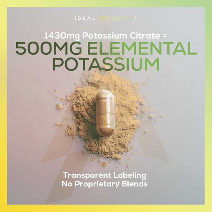 Potassium Citrate 1430mg - Heart &amp Kidney Health Electrolyte Balance Nerve Function - Elemental Potassium 500mg (240 Capsules) Vegan