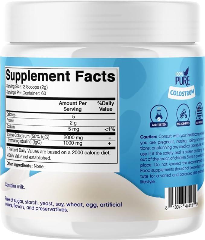 Vitamatic Bovine Colostrum Powder - 50% Highest IgG -120 Gram - Supplement for Gut Health Hair Growth Beauty Muscle Recovery &amp Immune Support - Easy to Mix - Unflavored - 60 Servings