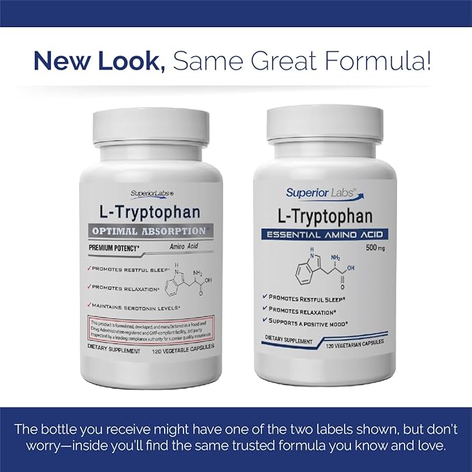 Superior Labs L-Tryptophan 500 mg Capsules Pure Non-GMO Amino Acid High Absorption Supports Sleep and Mood Helps with Occasional Stress PMS Support 120 Veg Caps
