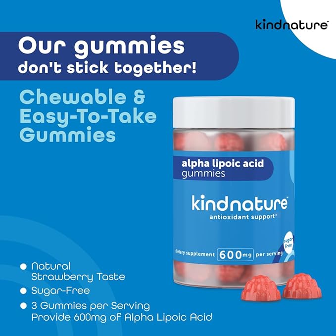 kindnature Alpha Lipoic Acid Gummies 600mg – Neuropathy Supplements – ALA for Nerve Comfort &amp Antioxidant Support – Sugar-Free Vegan Non-GMO – 90 Gummies