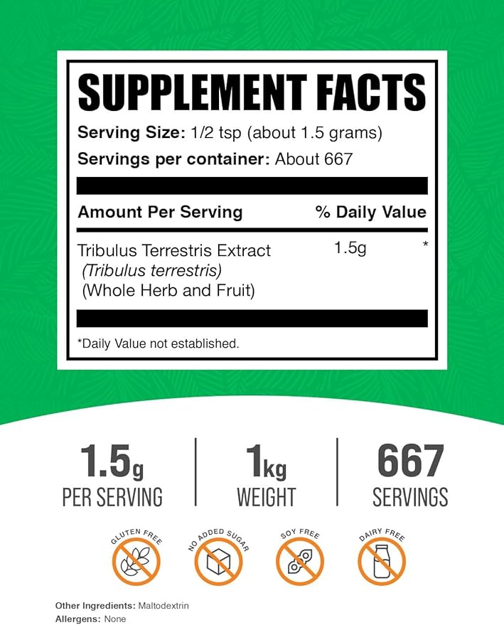 BulkSupplements.com Tribulus Terrestris Extract Powder - Tribulus Terrestris Supplements Herbal Supplement - Gluten Free 1.5g per Serving 1kg (2.2 lbs) (Pack of 1)