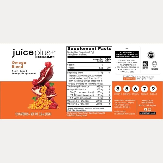 Juice Plus+ Omega Blend Capsules - Plant-Based Omega-3 5 6 7 &amp 9 Sourced from Algae &amp Seeds - DHA &amp EPA Formula Supports Brain Vision &amp Heart Health - Fish Oil Alternative - 60 Ve