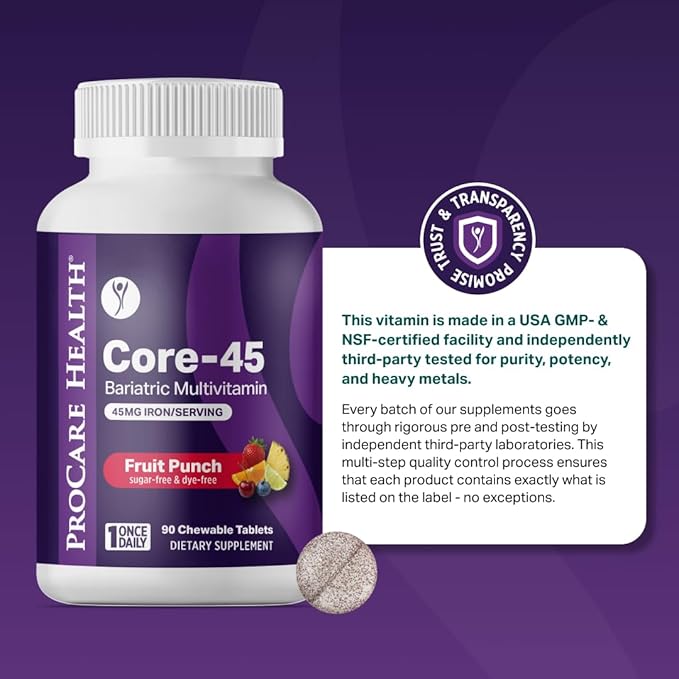 Procare Health Bariatric Multivitamin with Iron 45mg Chewable (30 Tablets) - Fruit Punch Flavor Bariatric Multivitamin Chewable Pills for Gastric Bypass &amp Sleeve Gastrectomy Patients (01 Month Sup